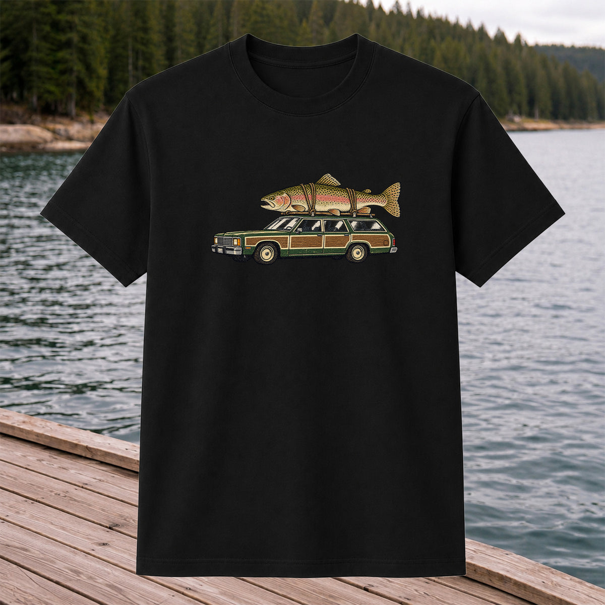 Vintage Station Wagon Carrying Rainbow Trout Fishing T-Shirt