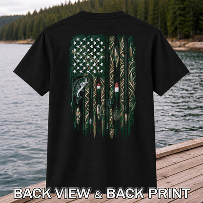 American Flag Bass Fishing Rods and Lures Graphic T-Shirt | Back Print