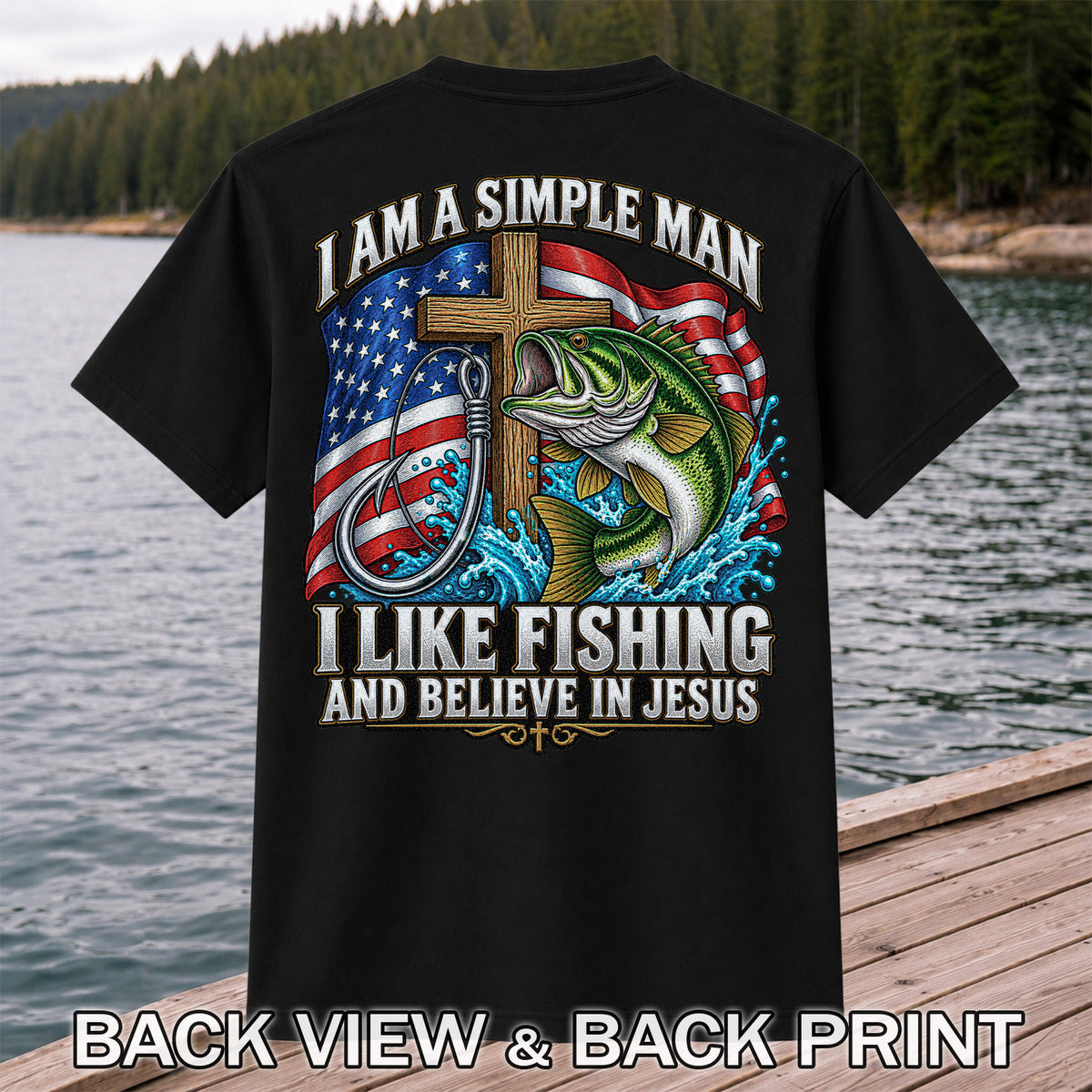 American Flag Bass Fishing Faith Patriotic Graphic T-Shirt | Back Print