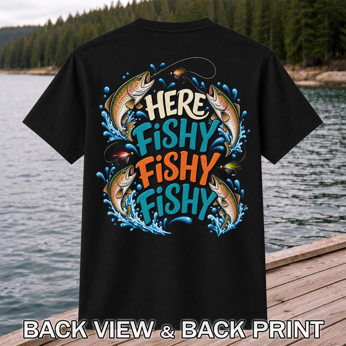 Here Fishy Fishy Fishy Rainbow Trout Funny Fly Fishing T-Shirt | Back Print