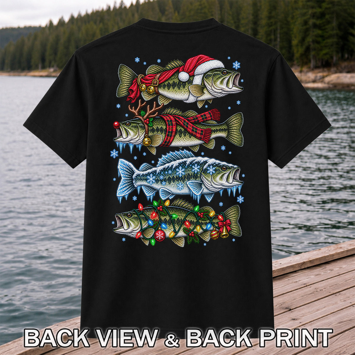 Christmas Bass with Santa Hat and Holiday Lights Fishing T-Shirt | Back Print