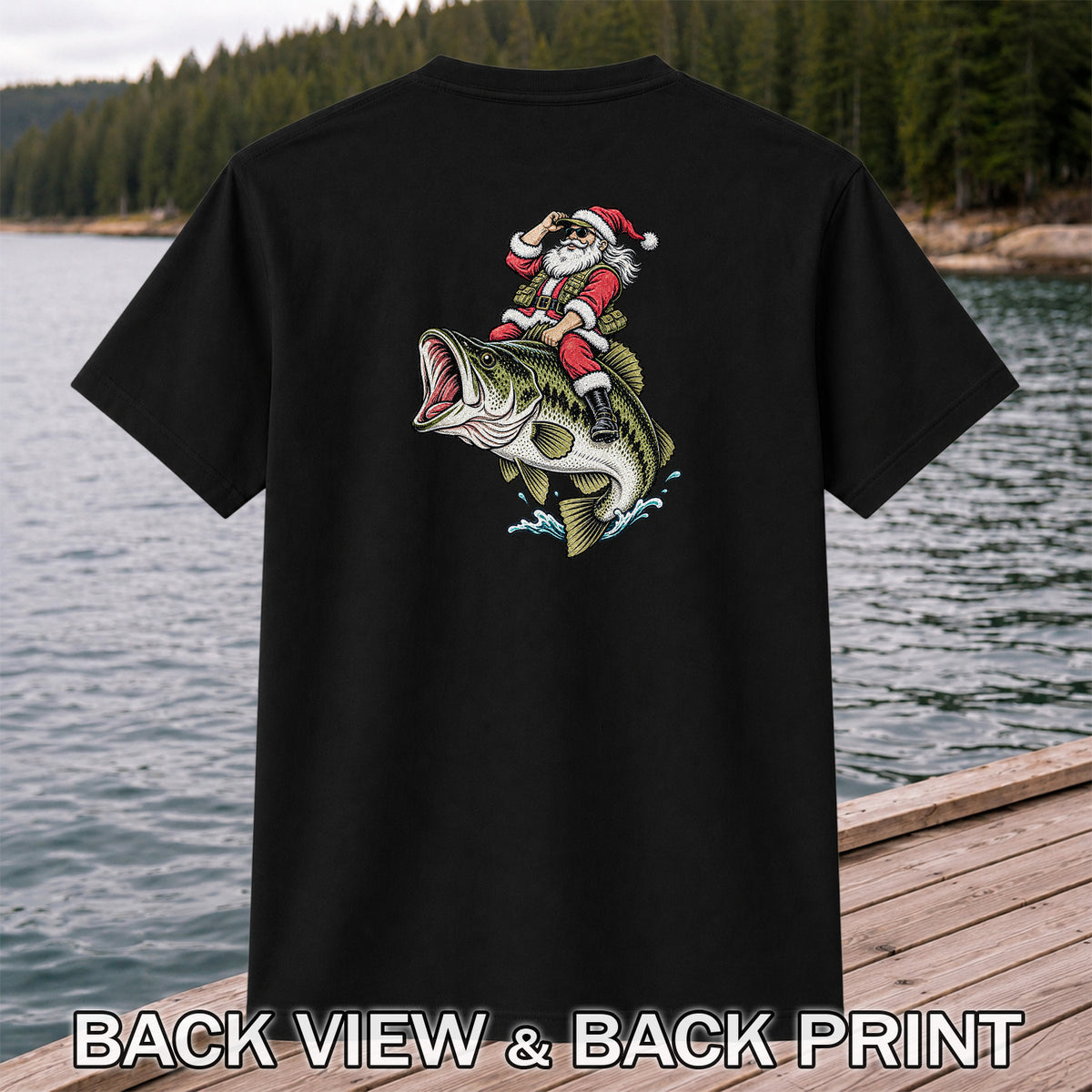 Santa Riding Largemouth Bass Christmas Fishing Graphic T-Shirt | Back Print