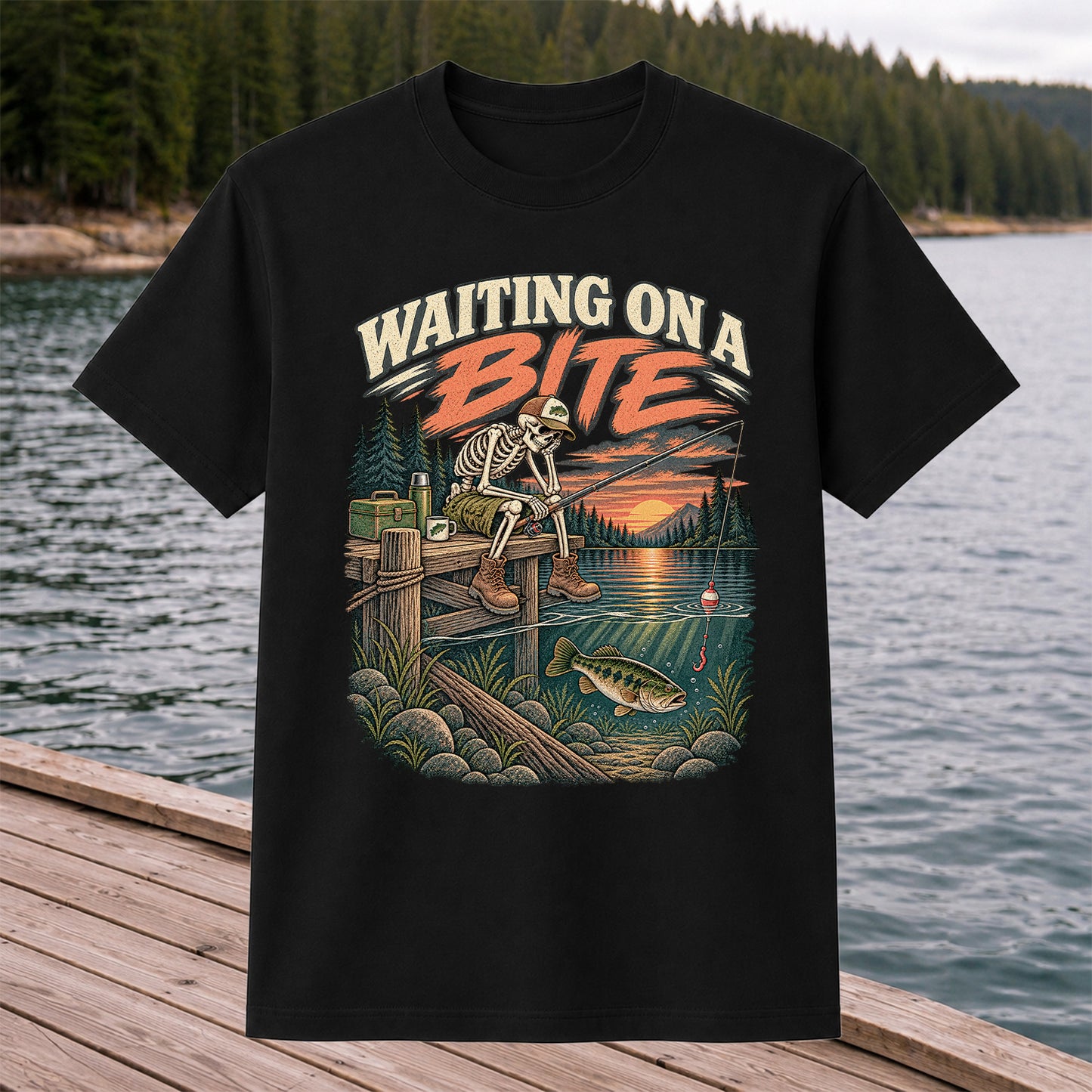 Waiting on a Bite Skeleton Bass Fishing Graphic T-Shirt