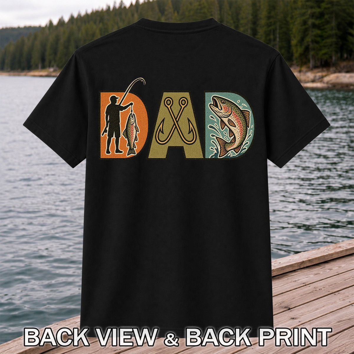 Dad Rainbow Trout and Fishing Hooks Retro Fishing T-Shirt | Back Print