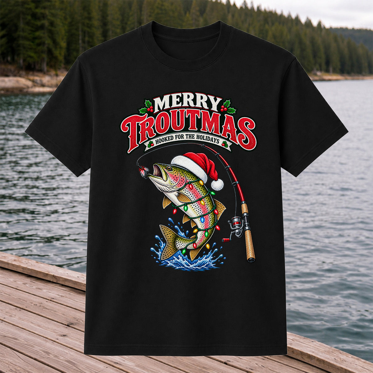 Merry Troutmas Hooked for the Holidays Rainbow Trout Christmas Fishing T-Shirt