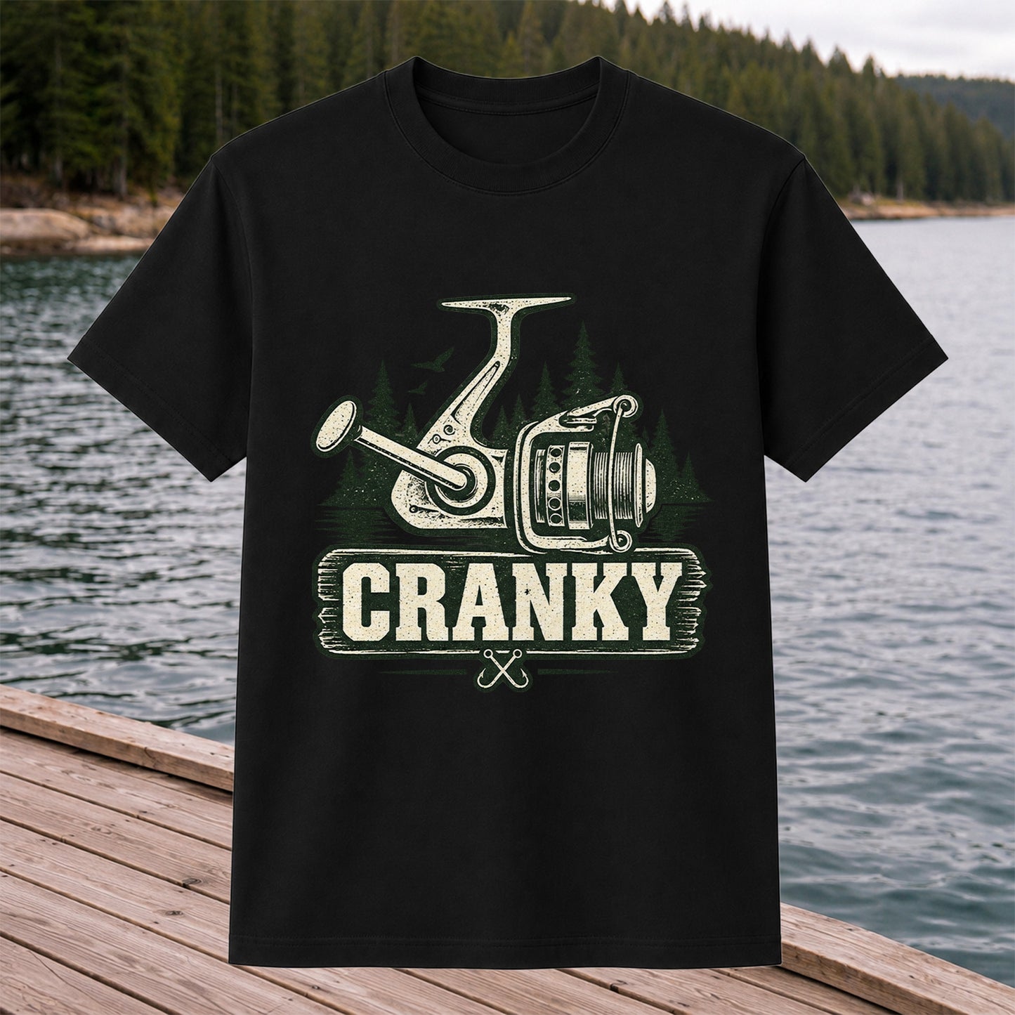 Cranky Vintage Spinning Reel Fishing Graphic T-Shirt