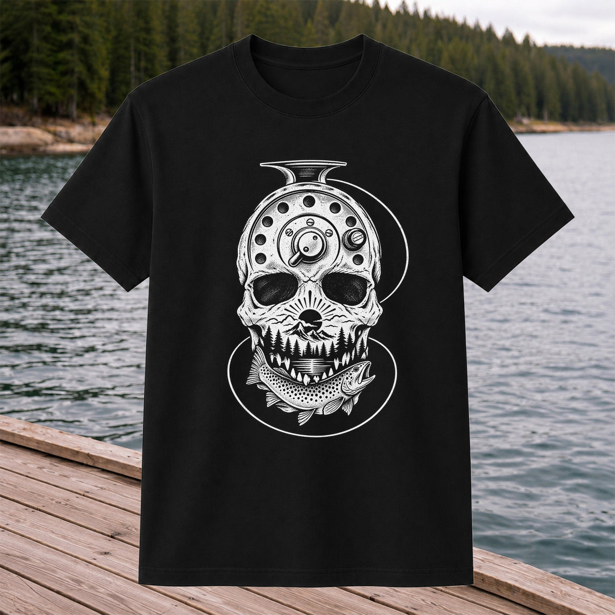 Trout and Fly Fishing Reel Skull Mountain Graphic T-Shirt