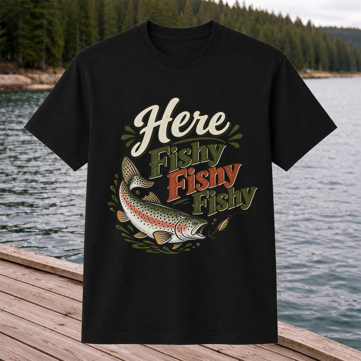 Here Fishy Fishy Rainbow Trout Fishing T-Shirt