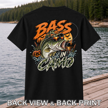 Bass in Camo Halloween Pumpkin Bass Fishing Graphic T-Shirt | Back Print