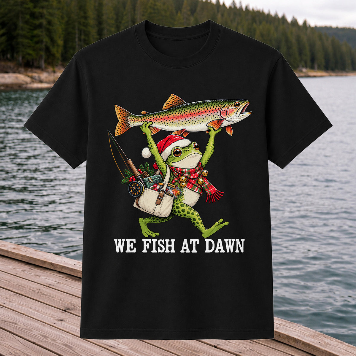 Frog Holding Rainbow Trout Fishing at Dawn Graphic T-Shirt