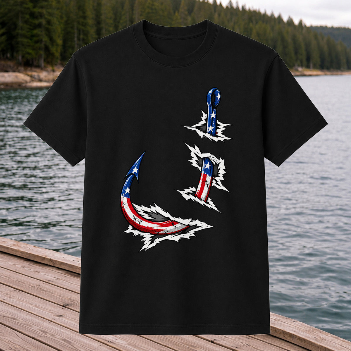 Patriotic American Flag Fishing Hooks Graphic T-Shirt