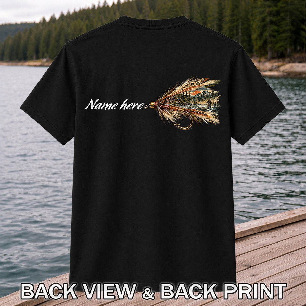 Personalized Fly Fishing Lure Name Graphic T-Shirt | Back Print