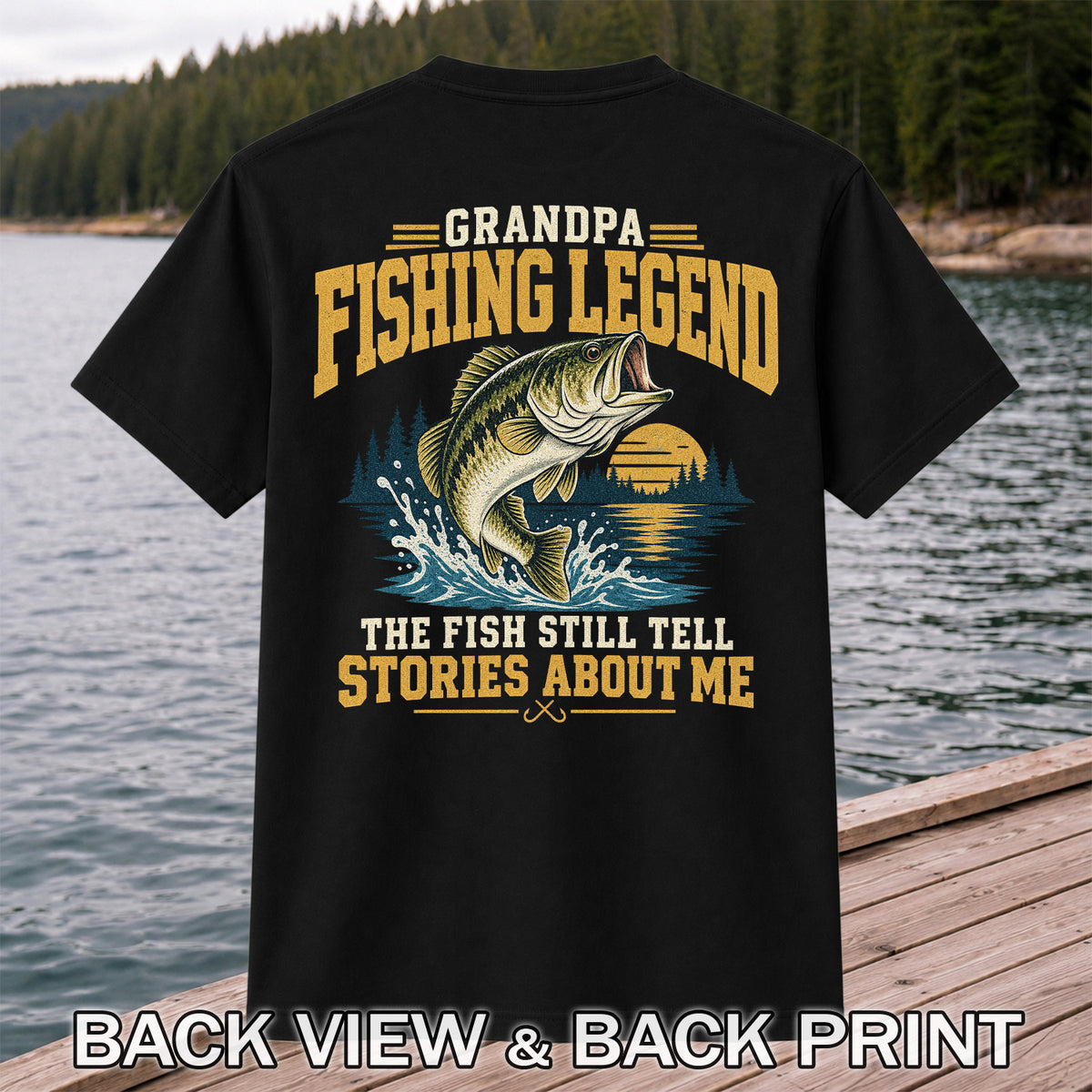 Grandpa Fishing Legend Jumping Bass Vintage Fishing T-Shirt | Back Print