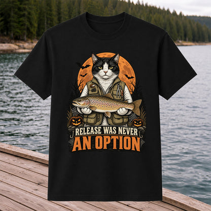 Release Was Never an Option Cat Holding Brown Trout Halloween Fishing T-Shirt