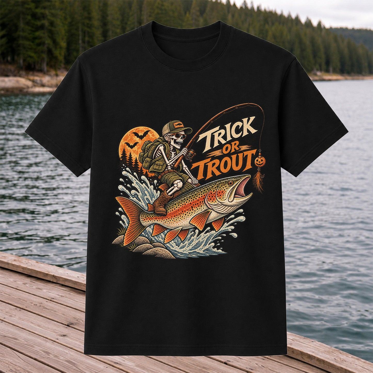 Trick or Trout Halloween Skeleton Angler Fishing T-Shirt