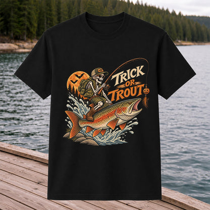 Trick or Trout Halloween Skeleton Angler Fishing T-Shirt