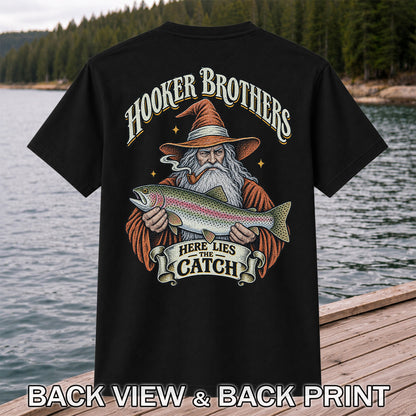 Hooker Brothers Here Lies the Catch Wizard Trout Fishing T-Shirt | Back Print