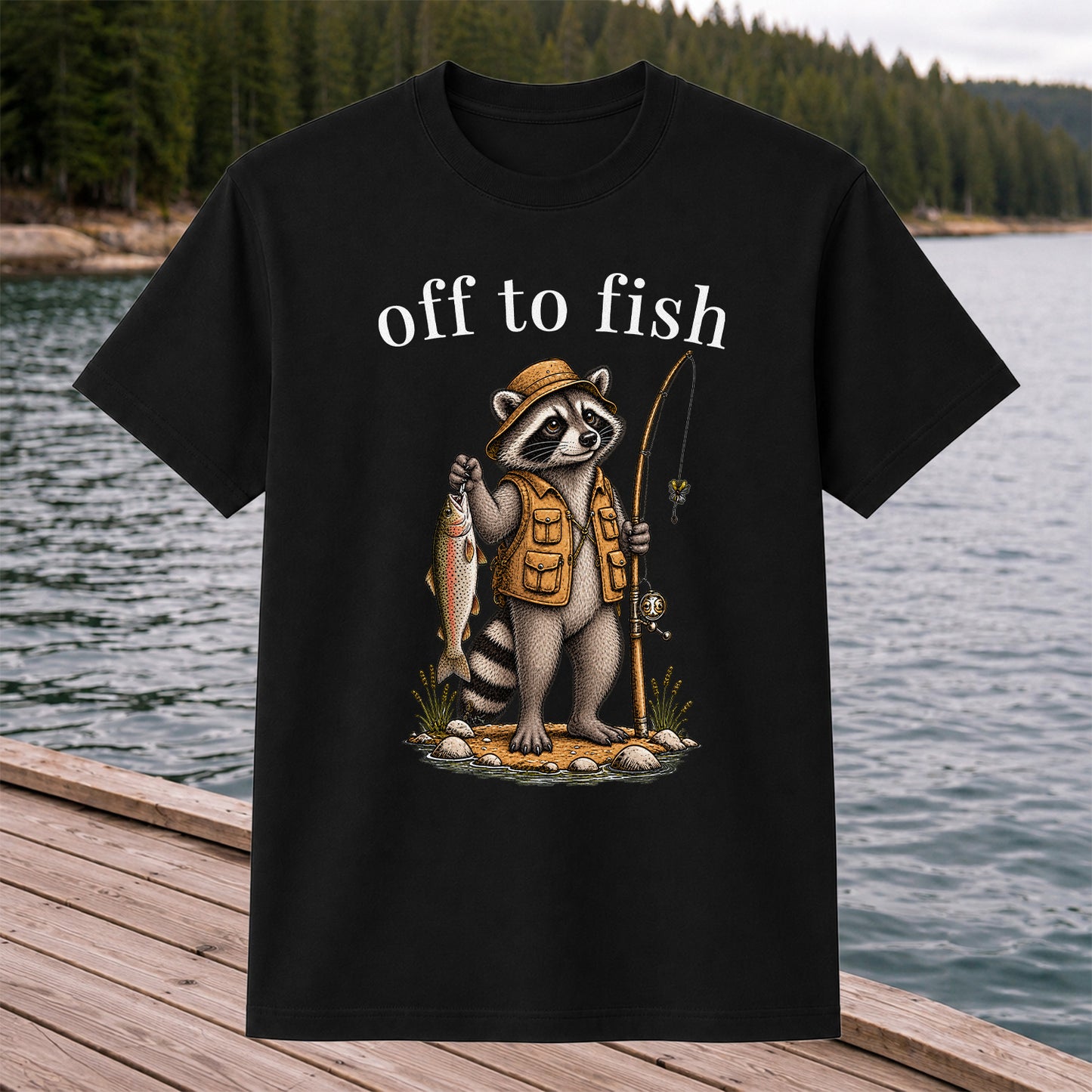 Off to Fish Raccoon Angler Funny Fishing T-Shirt
