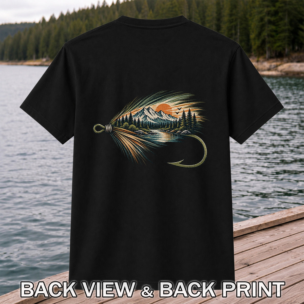 Mountain Lake Fly Fishing Hook Graphic T-Shirt | Back Print