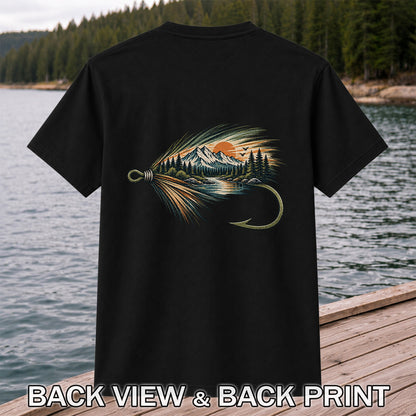 Mountain Lake Fly Fishing Hook Graphic T-Shirt | Back Print