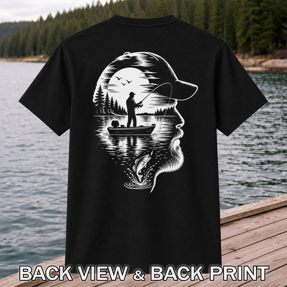 Bearded Angler Silhouette with Lake Fishing Scene Graphic T-Shirt | Back Print