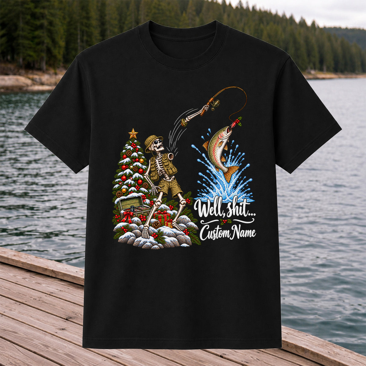 Skeleton Angler Christmas Fishing Personalized Graphic T-Shirt