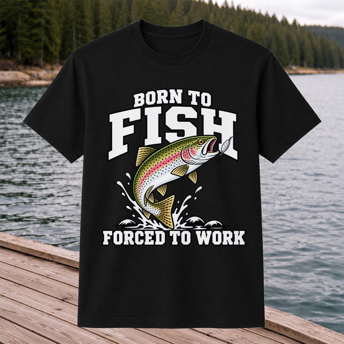 Born to Fish Forced to Work Rainbow Trout Fishing T-Shirt