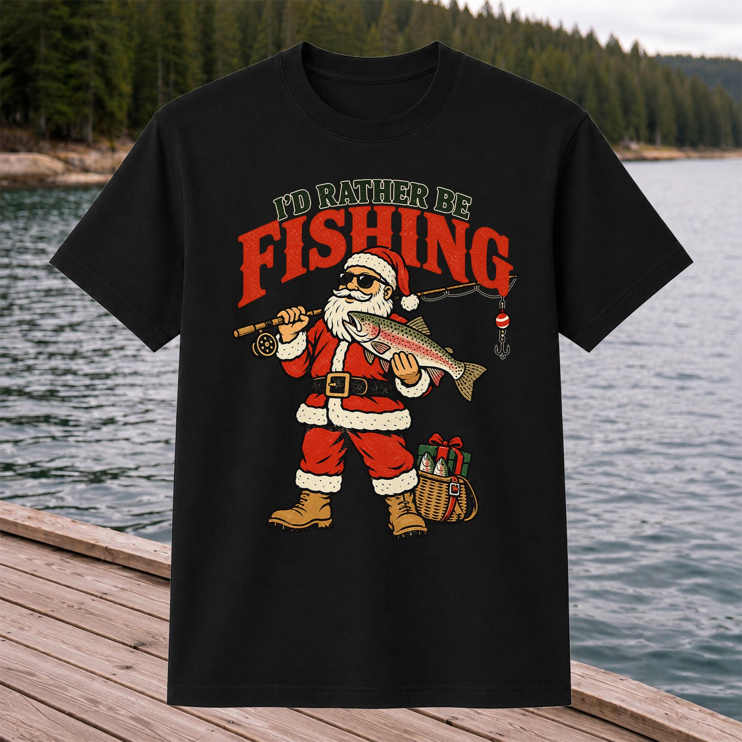 I'd Rather Be Fishing Santa Holding Rainbow Trout Christmas T-Shirt