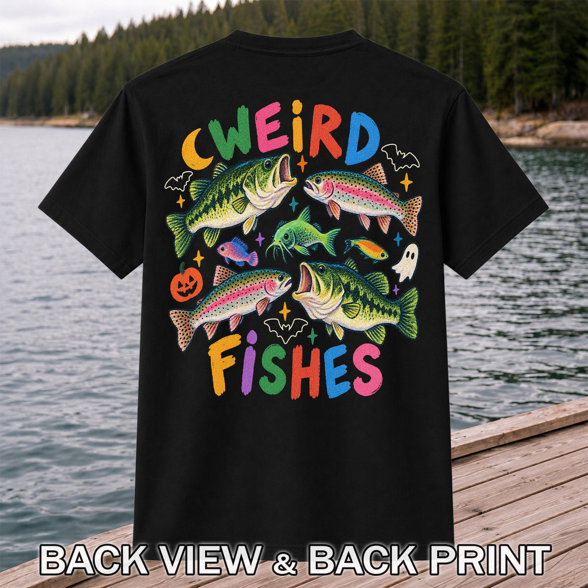 Weird Fishes Halloween Bass and Rainbow Trout Fishing T-Shirt | Back Print