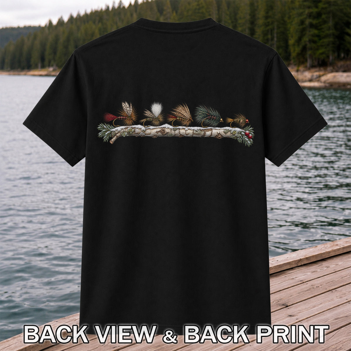 Christmas Fly Fishing Flies on Evergreen Branch Graphic T-Shirt | Back Print