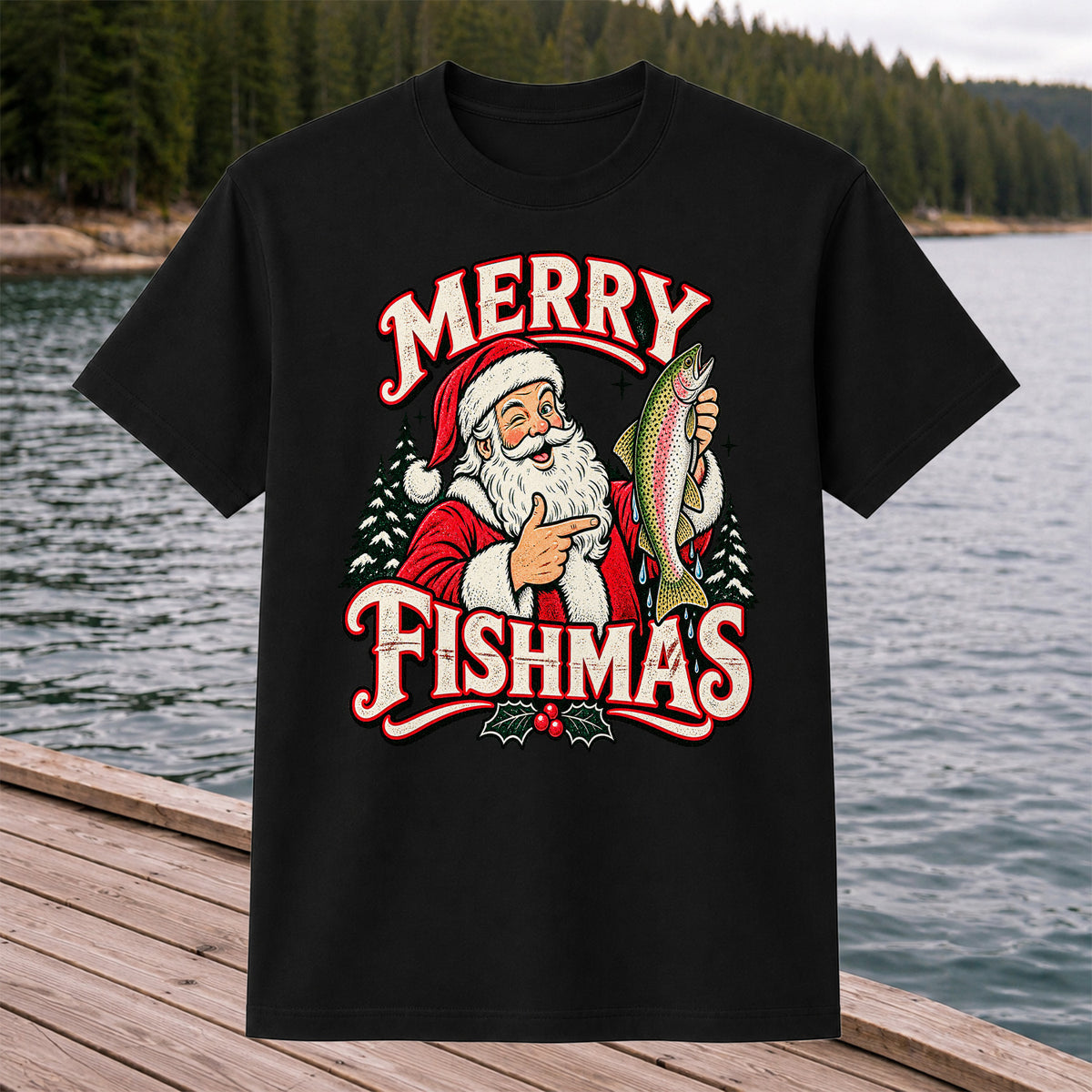 Merry Fishmas Santa Holding Rainbow Trout Christmas Fishing T-Shirt