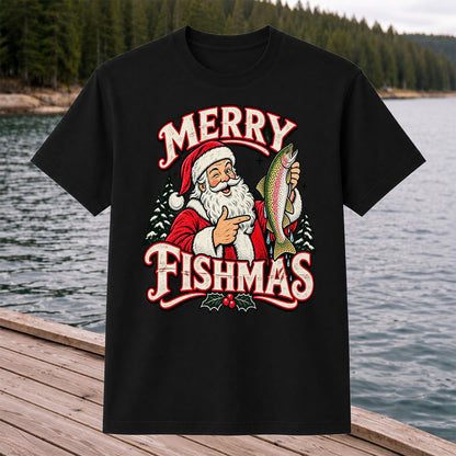 Merry Fishmas Santa Holding Rainbow Trout Christmas Fishing T-Shirt