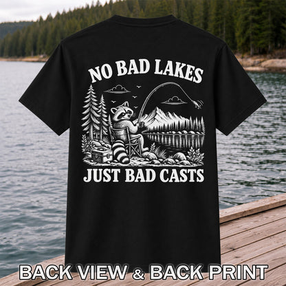 No Bad Lakes Just Bad Casts Raccoon Fishing T-Shirt | Back Print