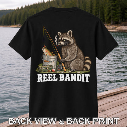 Reel Bandit Smoking Raccoon with Fishing Rod Funny T-Shirt | Back Print