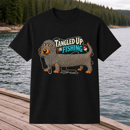 Tangled Up in Fishing Funny Dachshund Dog Graphic T-Shirt