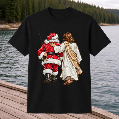 Santa and Robed Companion Fishing Graphic T-Shirt