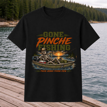 Gone Pinche Fishing Crew Skeleton in a Fishing Boat Graphic T-Shirt