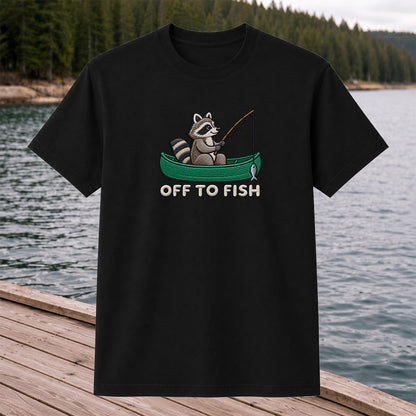 Off to Fish Raccoon in a Canoe Funny Fishing Graphic T-Shirt