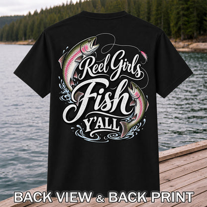 Reel Girls Fish Y'all Rainbow Trout Women's Fishing T-Shirt | Back Print
