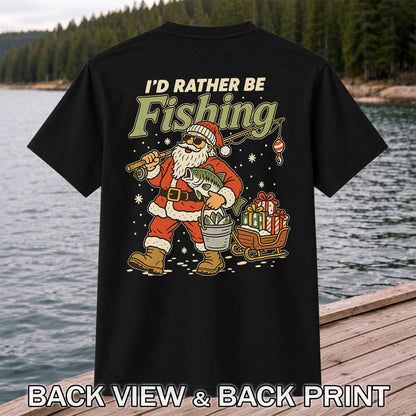 Santa Claus Fishing with Bass Christmas T-Shirt | Back Print