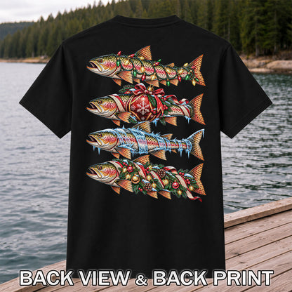 Christmas Rainbow Trout with Holiday Lights Fishing Graphic T-Shirt | Back Print