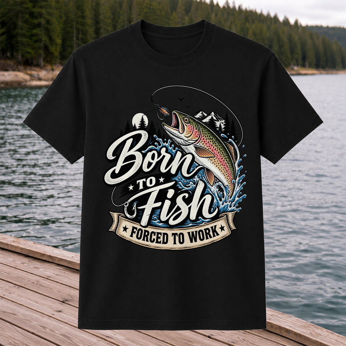 Born to Fish Forced to Work Jumping Rainbow Trout Fishing T-Shirt