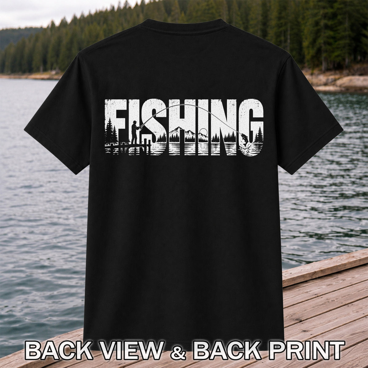 Fishing Lake Angler Vintage Graphic T-Shirt | Back Print