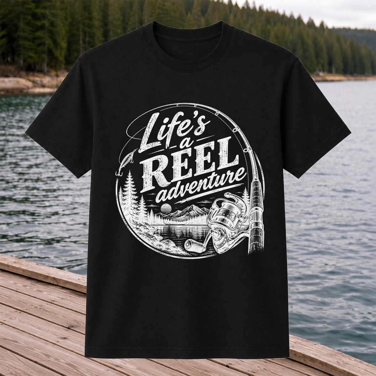 Life's a Reel Adventure Fishing Rod and Mountain Lake T-Shirt