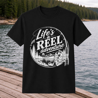 Life's a Reel Adventure Fishing Rod and Mountain Lake T-Shirt