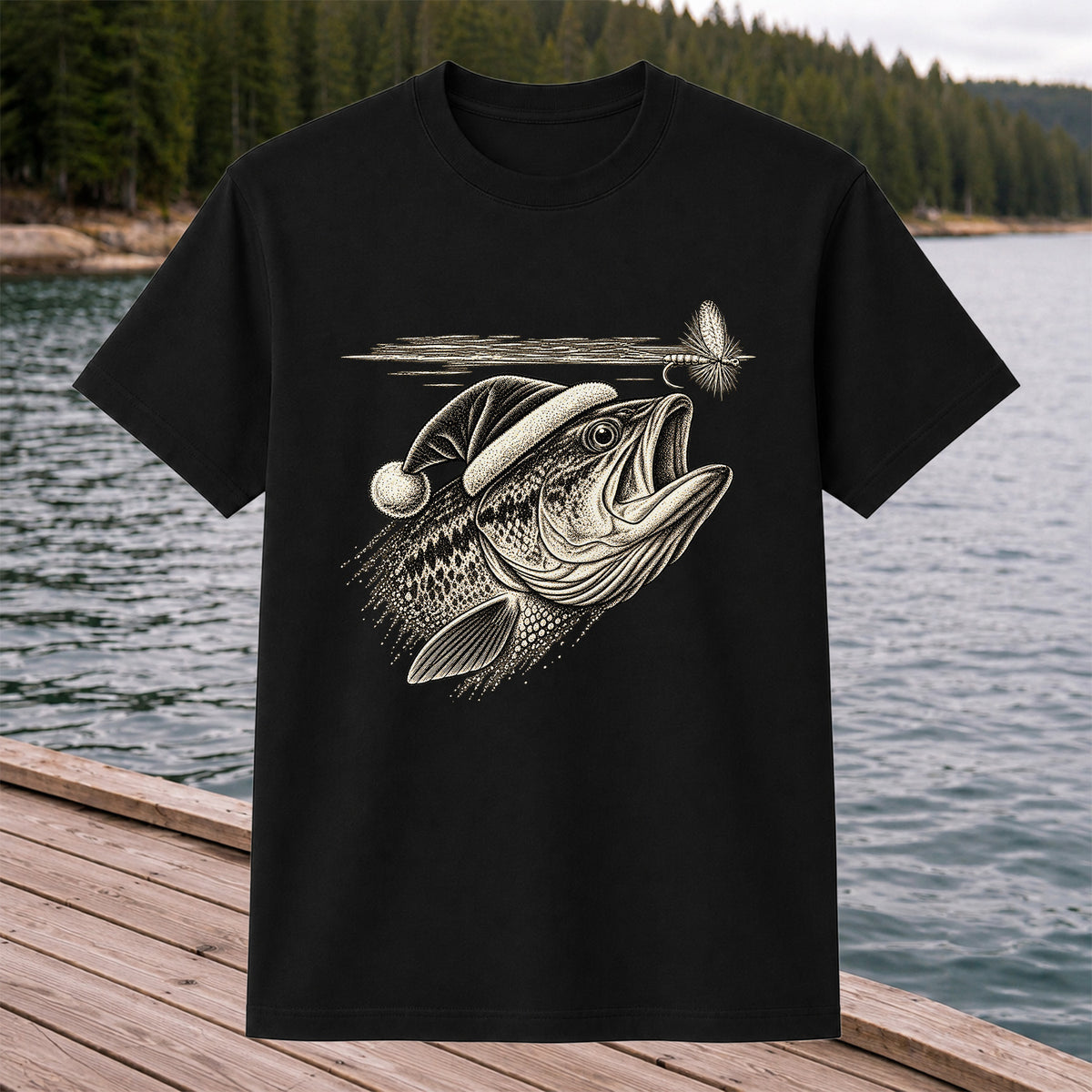 Santa Hat Bass Chasing a Fishing Fly Graphic T-Shirt
