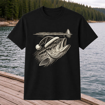 Santa Hat Bass Chasing a Fishing Fly Graphic T-Shirt