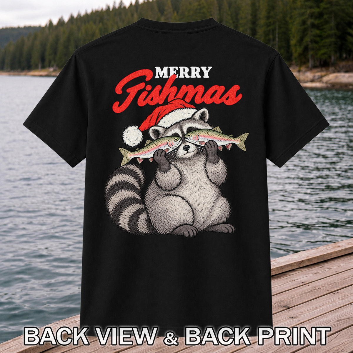 Santa Raccoon Holding Fish Christmas Fishing Graphic T-Shirt | Back Print