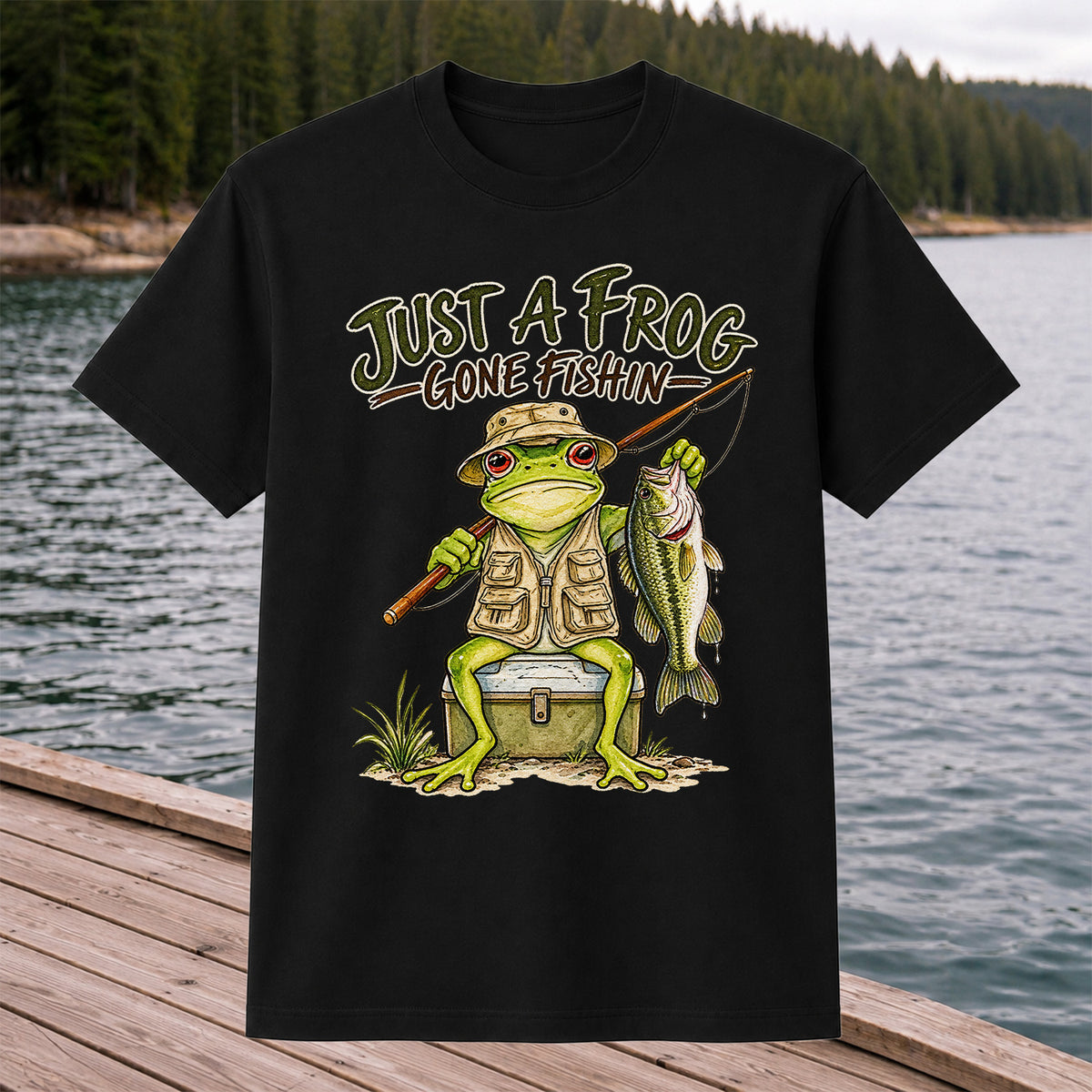 Just a Frog Gone Fishin' Bass Fishing Graphic T-Shirt