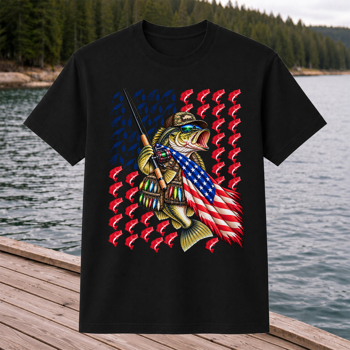 Patriotic Bass Fishing Graphic T-Shirt with American Flag Design